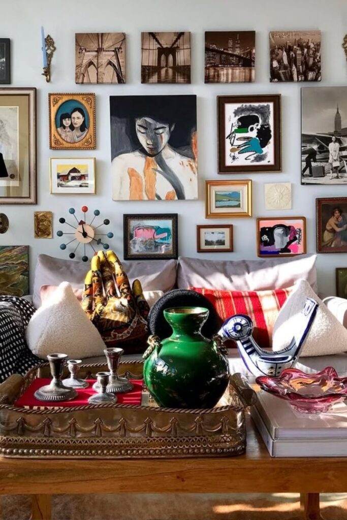 Create a stunning eclectic gallery wall with our expert tips on layout, art selection, and styling. Discover unique ideas for staircases, living rooms, and more to curate a bold and personal display! Eclectic Gallery Wall Ideas, Eclectic Gallery Wall Over Couch, Living Room Gallery Wall, Eclectic Gallery Wall Around Tv, Eclectic Gallery Wall Over Sofa, Inspiration, Colorful, Eclectic Gallery Wall Entryway, Eclectic Gallery Wall Hallway, Mixed Art Styles, Stairs, Wall Paintings, Tips, Layout