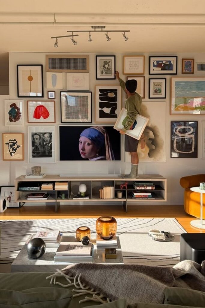 Create a stunning eclectic gallery wall with our expert tips on layout, art selection, and styling. Discover unique ideas for staircases, living rooms, and more to curate a bold and personal display! Eclectic Gallery Wall Ideas, Eclectic Gallery Wall Over Couch, Living Room Gallery Wall, Eclectic Gallery Wall Around Tv, Eclectic Gallery Wall Over Sofa, Inspiration, Colorful, Eclectic Gallery Wall Entryway, Eclectic Gallery Wall Hallway, Mixed Art Styles, Stairs, Wall Paintings, Tips, Layout