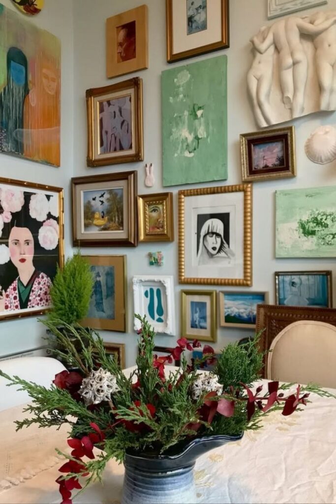 Create a stunning eclectic gallery wall with our expert tips on layout, art selection, and styling. Discover unique ideas for staircases, living rooms, and more to curate a bold and personal display! Eclectic Gallery Wall Ideas, Eclectic Gallery Wall Over Couch, Living Room Gallery Wall, Eclectic Gallery Wall Around Tv, Eclectic Gallery Wall Over Sofa, Inspiration, Colorful, Eclectic Gallery Wall Entryway, Eclectic Gallery Wall Hallway, Mixed Art Styles, Stairs, Wall Paintings, Tips, Layout