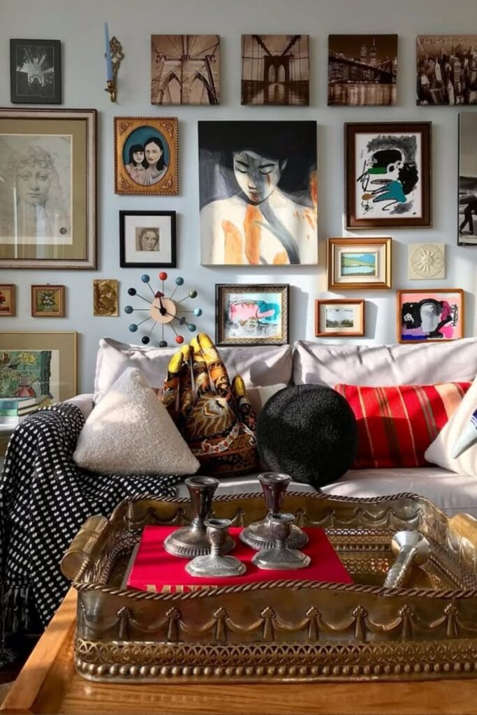 Create a stunning eclectic gallery wall with our expert tips on layout, art selection, and styling. Discover unique ideas for staircases, living rooms, and more to curate a bold and personal display! Eclectic Gallery Wall Ideas, Eclectic Gallery Wall Over Couch, Living Room Gallery Wall, Eclectic Gallery Wall Around Tv, Eclectic Gallery Wall Over Sofa, Inspiration, Colorful, Eclectic Gallery Wall Entryway, Eclectic Gallery Wall Hallway, Mixed Art Styles, Stairs, Wall Paintings, Tips, Layout