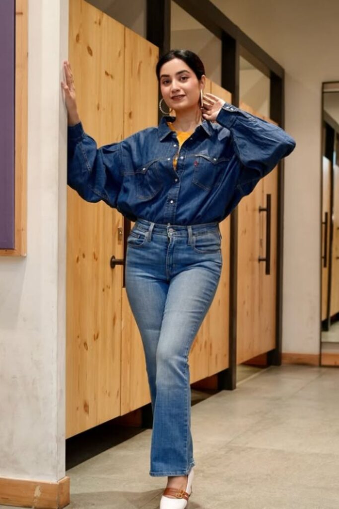 Rock the double denim trend with stylish outfit ideas—think classic blue-on-blue, edgy layers, and fresh takes on this timeless look. Double Denim Outfit Women, Double Denim Looks, double Denim Outfits, Denim Shirt, Denim Skirt, Double Denim Aesthetic
