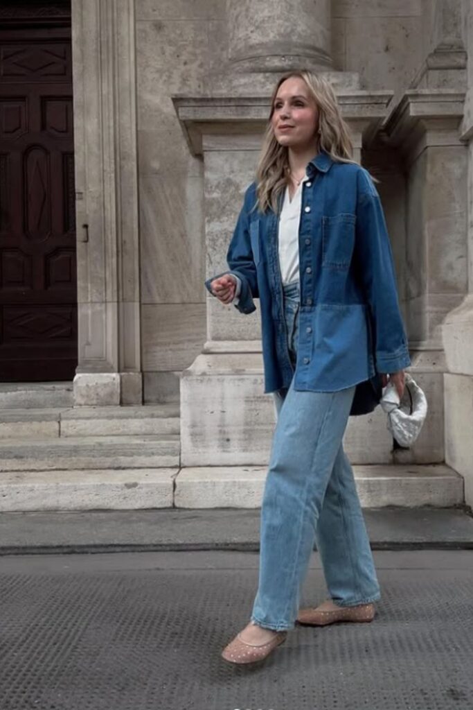 Rock the double denim trend with stylish outfit ideas—think classic blue-on-blue, edgy layers, and fresh takes on this timeless look. Double Denim Outfit Women, Double Denim Looks, double Denim Outfits, Denim Shirt, Denim Skirt, Double Denim Aesthetic