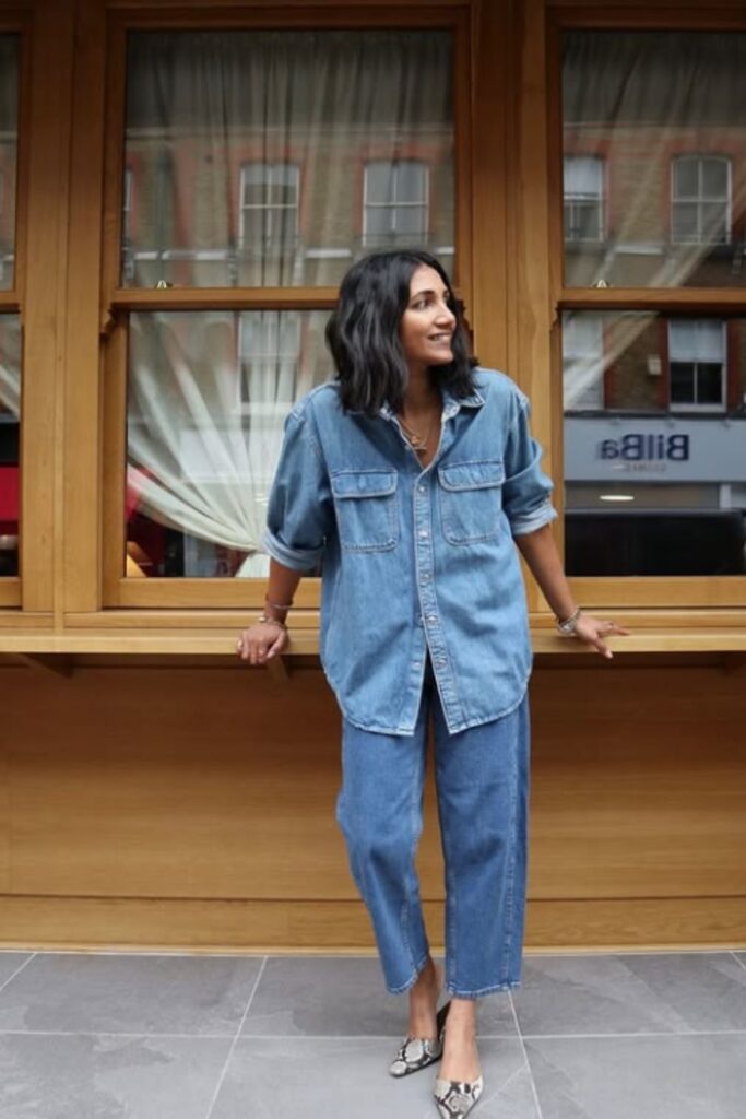 Rock the double denim trend with stylish outfit ideas—think classic blue-on-blue, edgy layers, and fresh takes on this timeless look. Double Denim Outfit Women, Double Denim Looks, double Denim Outfits, Denim Shirt, Denim Skirt, Double Denim Aesthetic