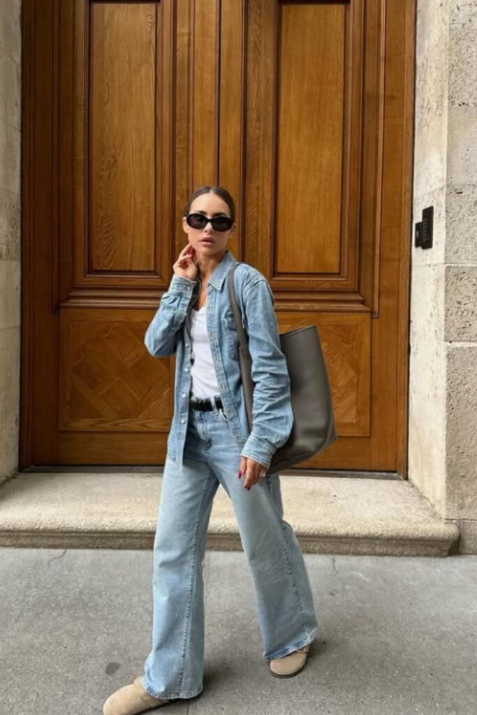 Rock the double denim trend with stylish outfit ideas—think classic blue-on-blue, edgy layers, and fresh takes on this timeless look. Double Denim Outfit Women, Double Denim Looks, double Denim Outfits, Denim Shirt, Denim Skirt, Double Denim Aesthetic