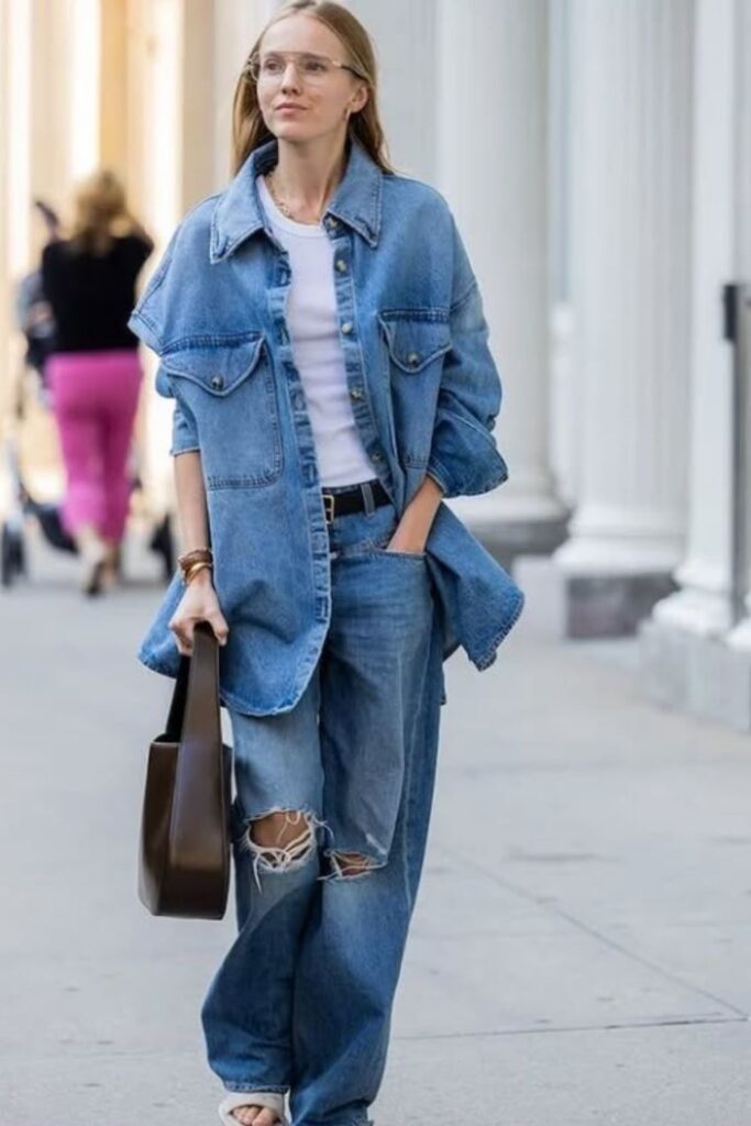 Rock the double denim trend with stylish outfit ideas—think classic blue-on-blue, edgy layers, and fresh takes on this timeless look. Double Denim Outfit Women, Double Denim Looks, double Denim Outfits, Denim Shirt, Denim Skirt, Double Denim Aesthetic