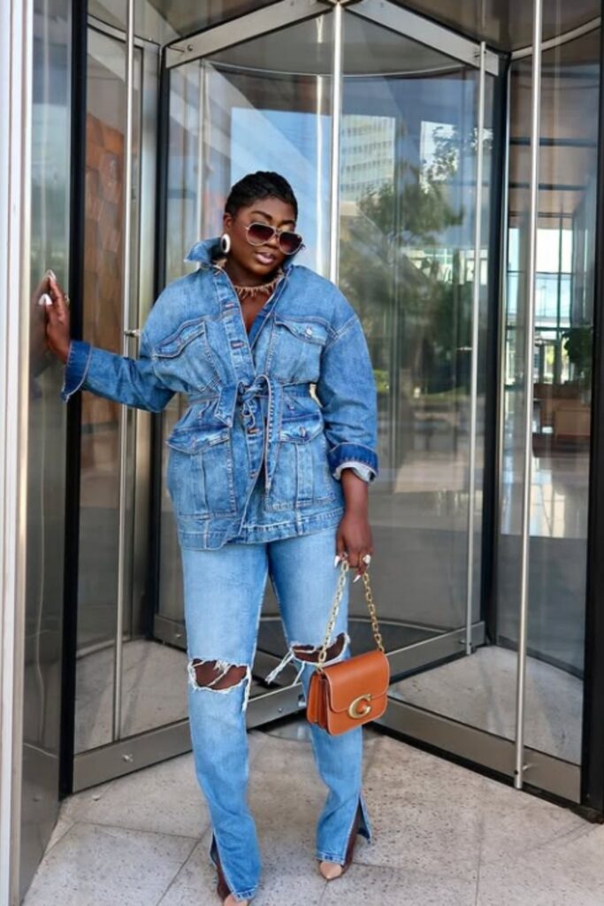 Rock the double denim trend with stylish outfit ideas—think classic blue-on-blue, edgy layers, and fresh takes on this timeless look. Double Denim Outfit Women, Double Denim Looks, double Denim Outfits, Denim Shirt, Denim Skirt, Double Denim Aesthetic