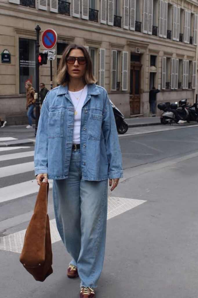 Rock the double denim trend with stylish outfit ideas—think classic blue-on-blue, edgy layers, and fresh takes on this timeless look. Double Denim Outfit Women, Double Denim Looks, double Denim Outfits, Denim Shirt, Denim Skirt, Double Denim Aesthetic