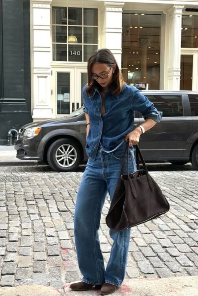 Rock the double denim trend with stylish outfit ideas—think classic blue-on-blue, edgy layers, and fresh takes on this timeless look. Double Denim Outfit Women, Double Denim Looks, double Denim Outfits, Denim Shirt, Denim Skirt, Double Denim Aesthetic