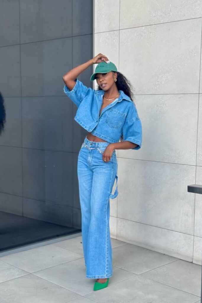 Rock the double denim trend with stylish outfit ideas—think classic blue-on-blue, edgy layers, and fresh takes on this timeless look. Double Denim Outfit Women, Double Denim Looks, double Denim Outfits, Denim Shirt, Denim Skirt, Double Denim Aesthetic